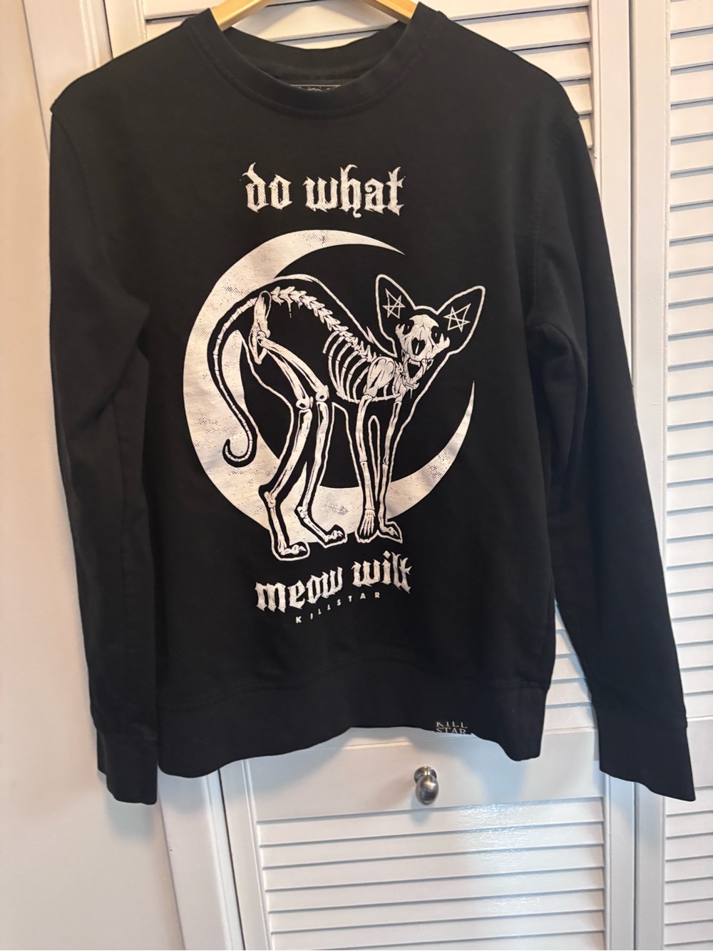 Killstar Black Crewneck with White Skeletal Cat and Crescent Graphic